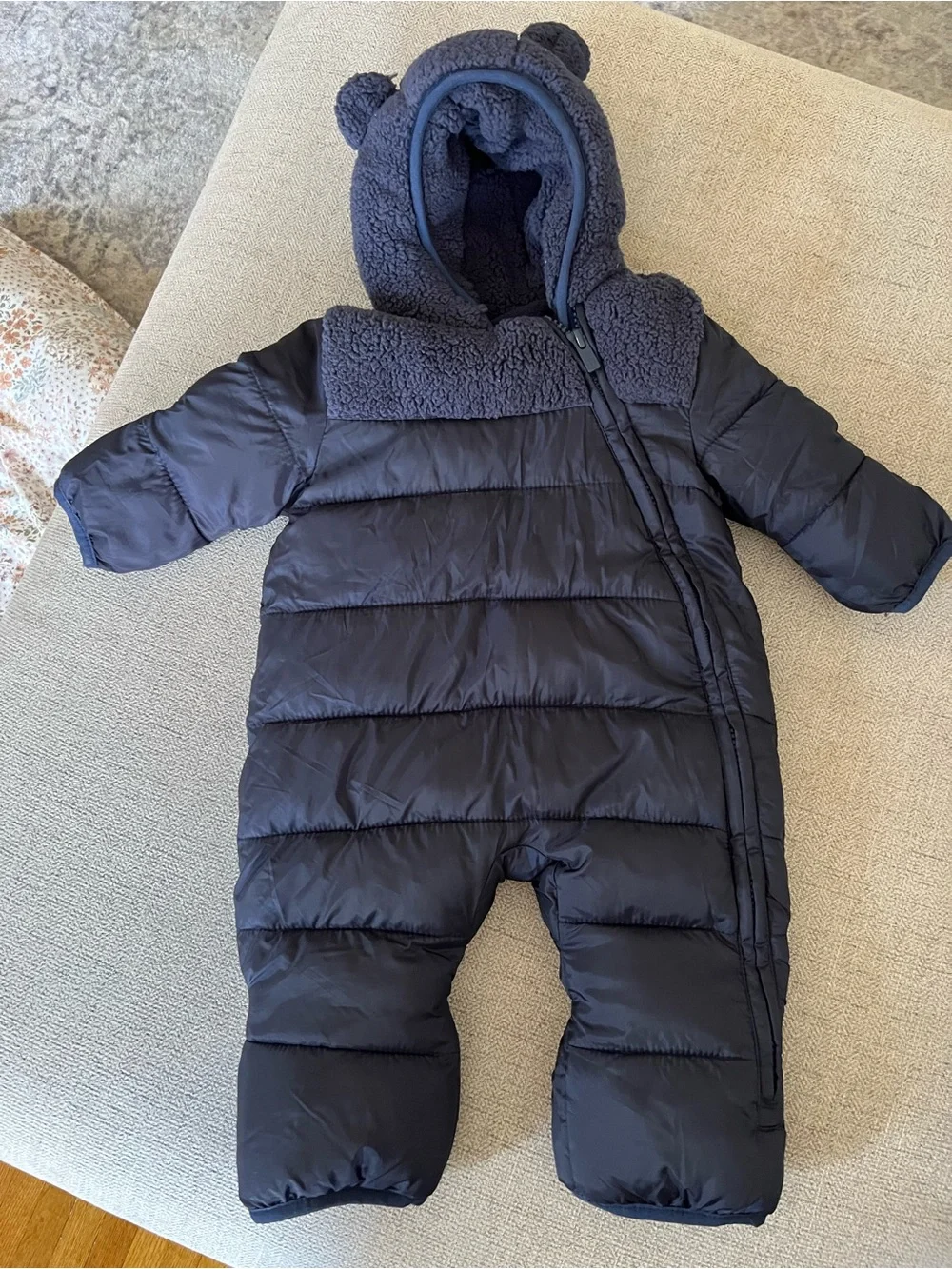 Baby GAP Navy Puffer Baby One-Piece with Sherpa Hood (0-3 months)